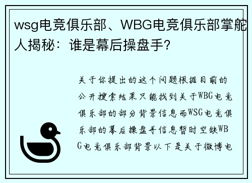 wsg电竞俱乐部、WBG电竞俱乐部掌舵人揭秘：谁是幕后操盘手？